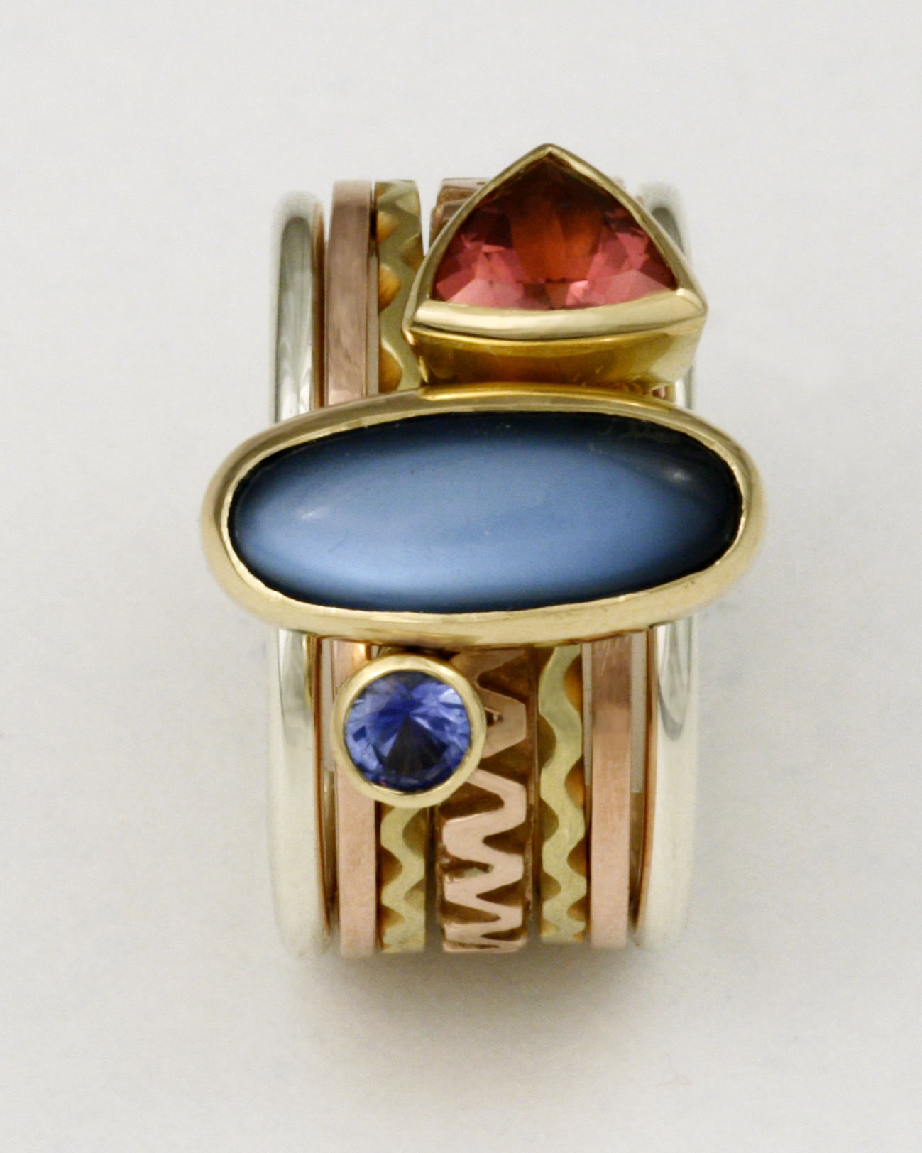'Stacking Ring multi-stone' in mixed metals with blue Moonstone, pink Tourmaline and blue Sapphire